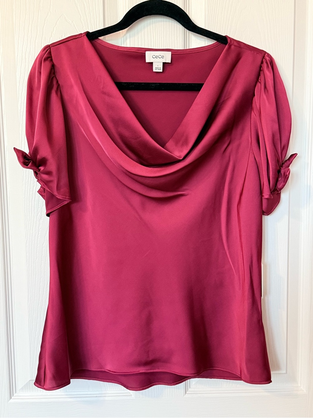 CeCe Magenta Satin Cowl Neck Short Sleeve Blouse